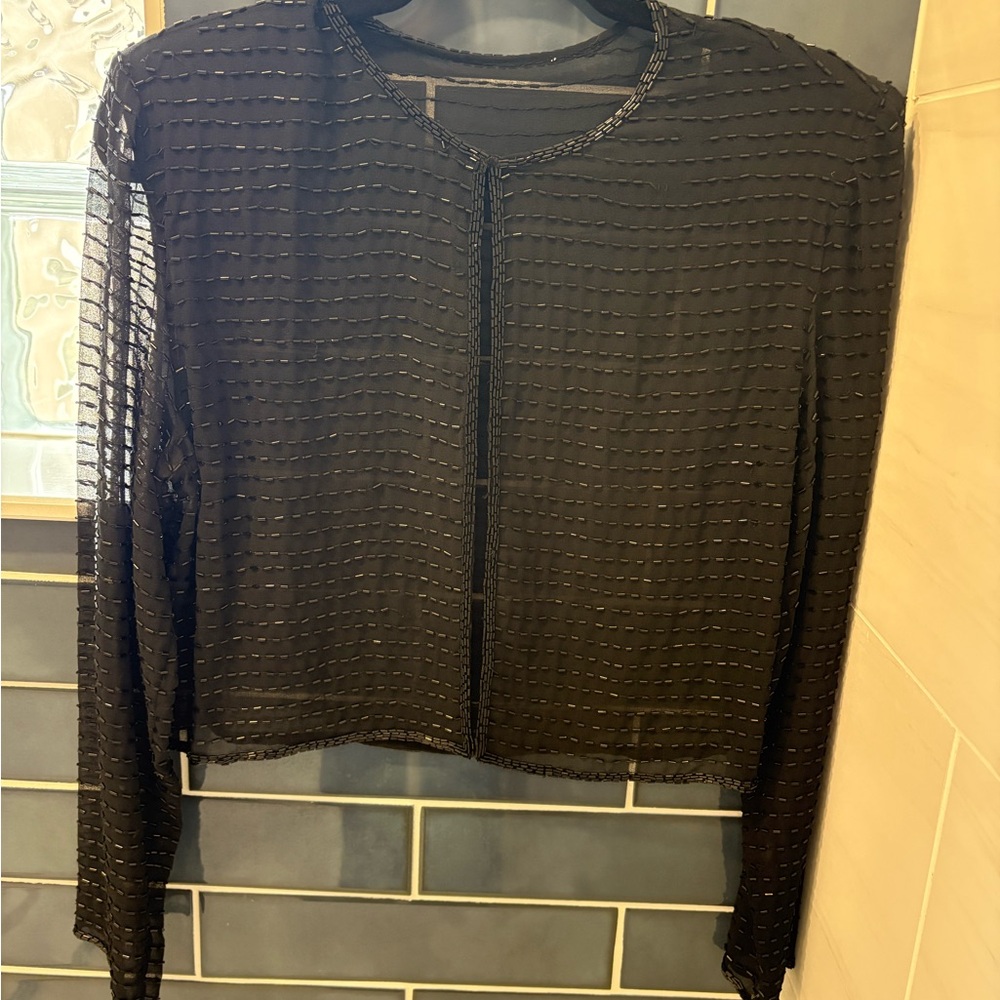 Vintage Black Sheer Beaded Textured Long Sleeve Jacket